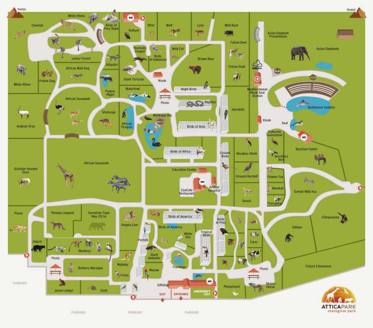 Mapa del parque zoológico de Atenas